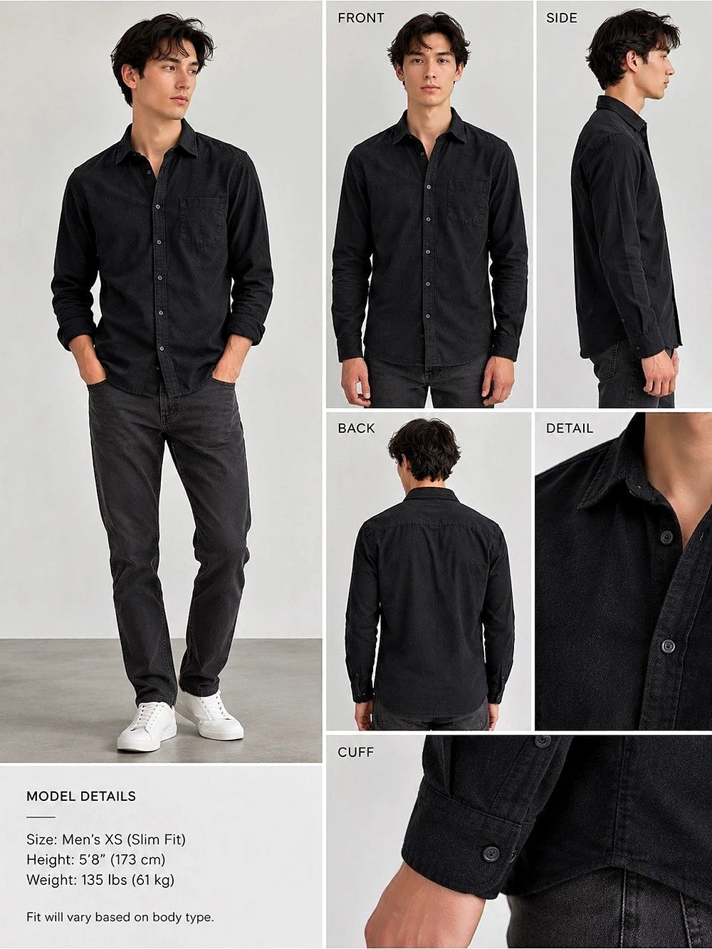 Club Monaco | Lightweight Flannel | Slim Fit Shirt | Black | XS | 100% Cotton